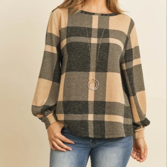 Black & Tan Plaid Puff Sleeve Top - Picture 8 of 9